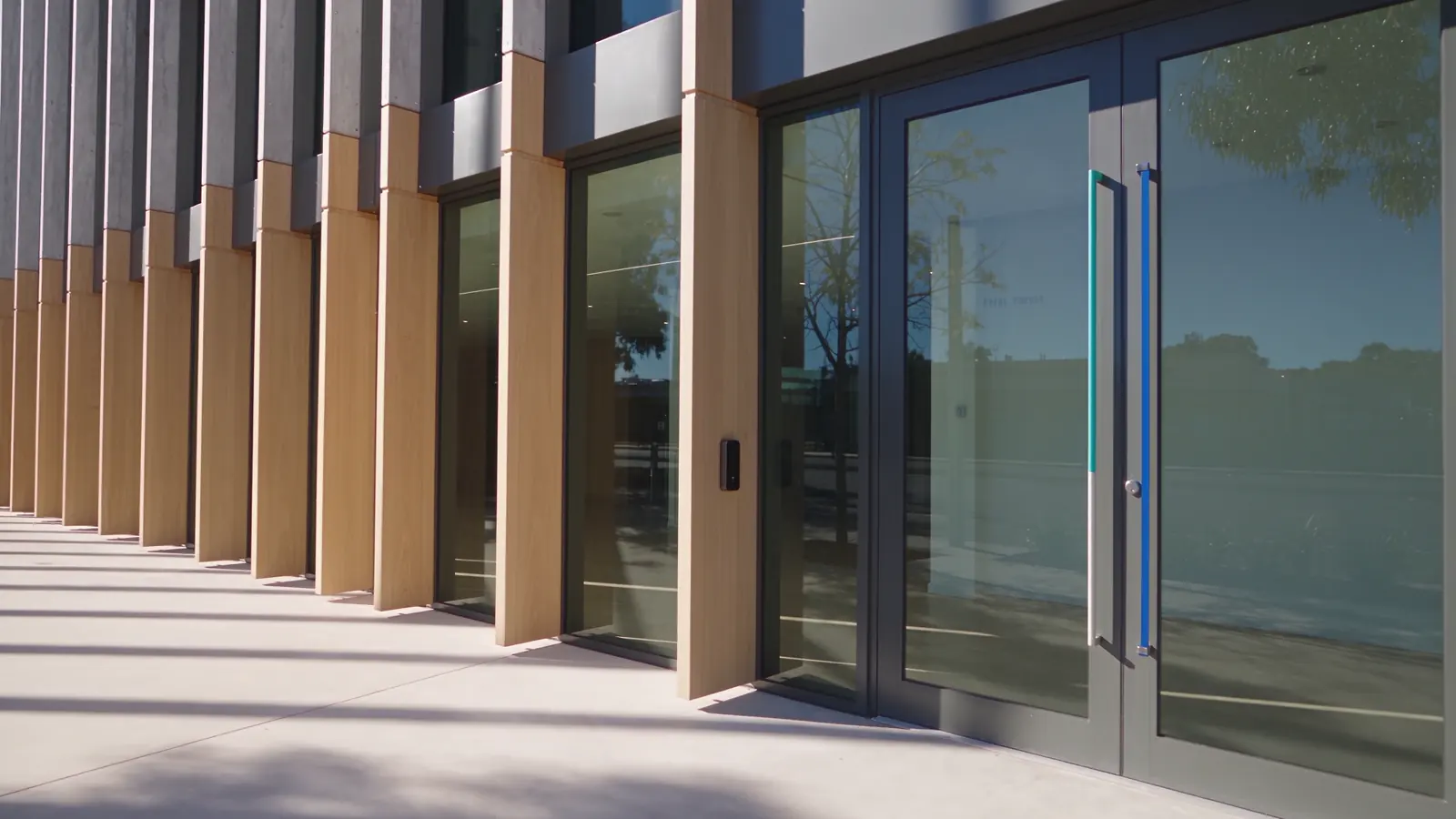 Concept illustration of a contemporary commercial entrance with access control.