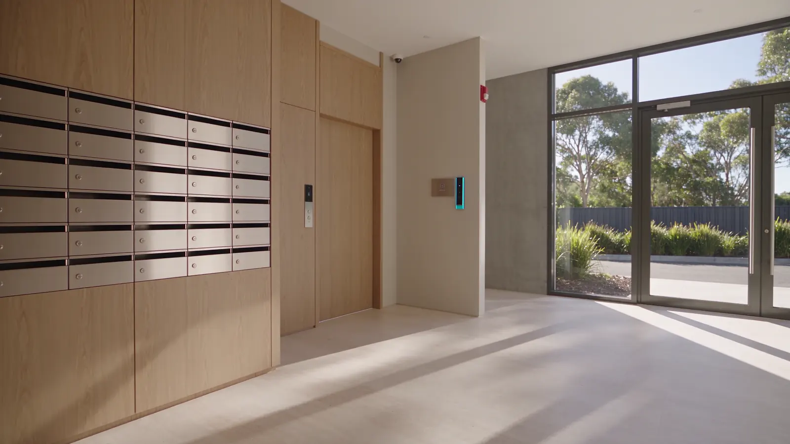 Concept illustration of shared-building entry with an intercom and access reader.